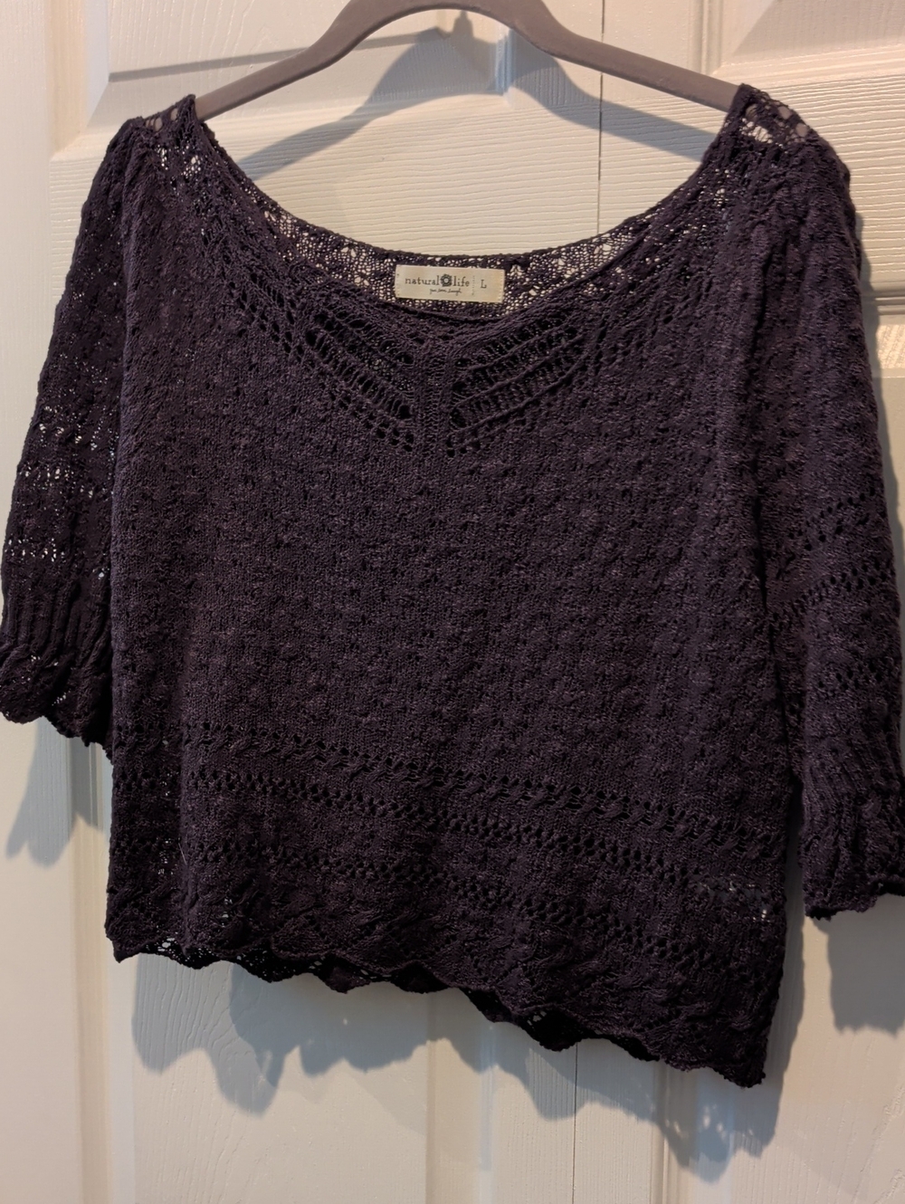 NATURAL LIFE Navy Crochet Knit V-Neck Top